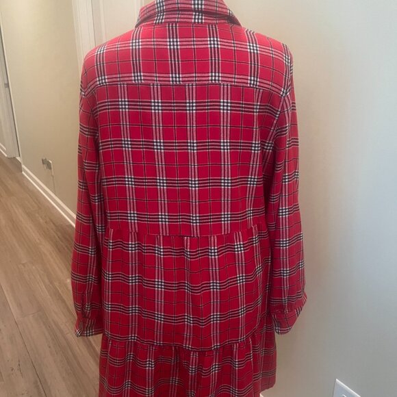 LOFT Red Plaid Long Sleeved Dress with Button Down Front and Collar - Picture 3 of 5